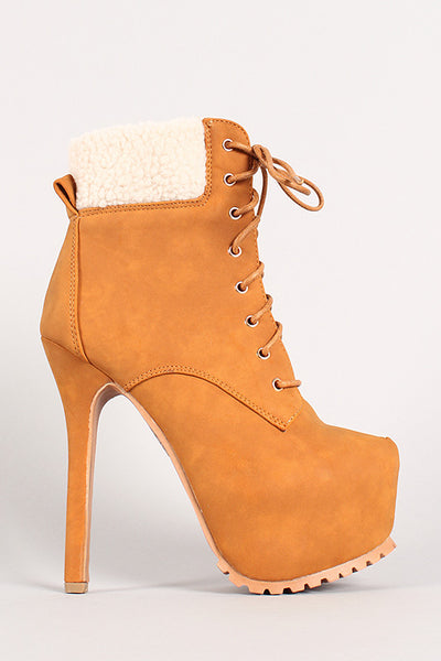 Two-Tone Shearling Collar Platform Stiletto Work Booties