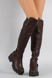 Buckle Round Toe Lug Sole Flatform Riding Over-The-Knee Boots