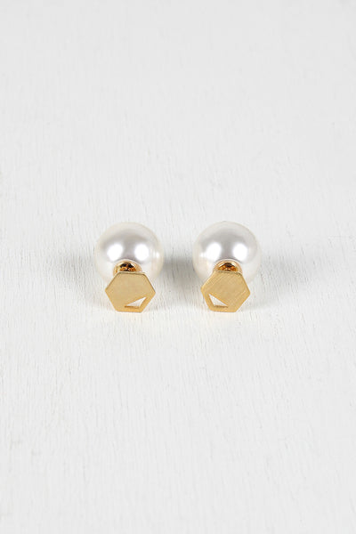 Cutout Hexagon And Pearl Double Sided Earrings