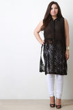 Semi-Sheer Floral Lace Sleeveless Button-Up Top