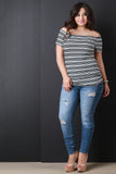 Striped Off The Shoulder Rib Knit Tee