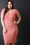 Ribbed Knit Strappy Back Short Sleeves Bodycon Dress