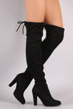 Suede Drawstring Tie Almond Toe Heeled Boots