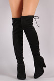 Suede Drawstring Tie Almond Toe Heeled Boots
