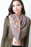Floral Embroidered Frayed Scarf