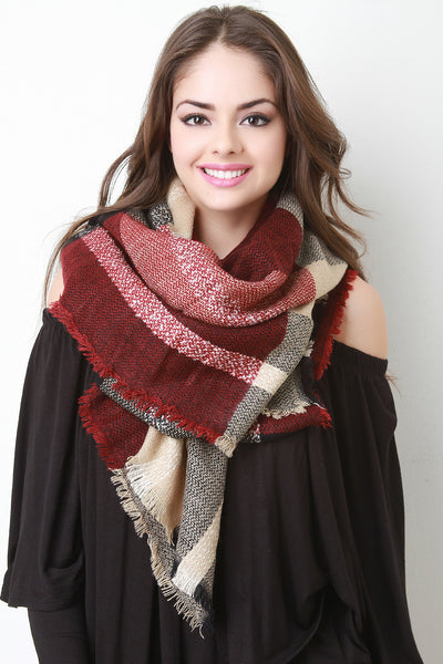 Check Square Frayed Scarf