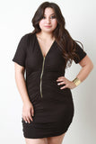 Ruched Zip Up Short Sleeve Bodycon Dress