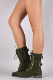 Suede Buckled Zipper Combat Lace Up Boots