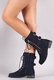 Suede Buckled Zipper Combat Lace Up Boots