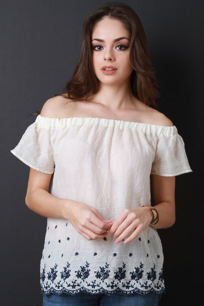 Off The Shoulder Contrast Embroidered Trim Blouse