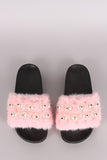 Faux Pearl Embellished Fur Slide Sandals