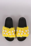 Faux Pearl Embellished Fur Slide Sandals