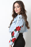 Floral Embroider Sleeve Crop Denim Jacket