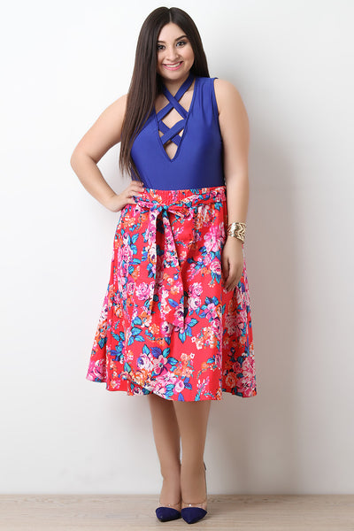 Floral Self-Tie Bow High Waisted Midi Skirt
