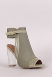 Qupid Perforated Suede Chunky Clear Heeled Mule Booties