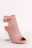 Qupid Perforated Suede Chunky Clear Heeled Mule Booties
