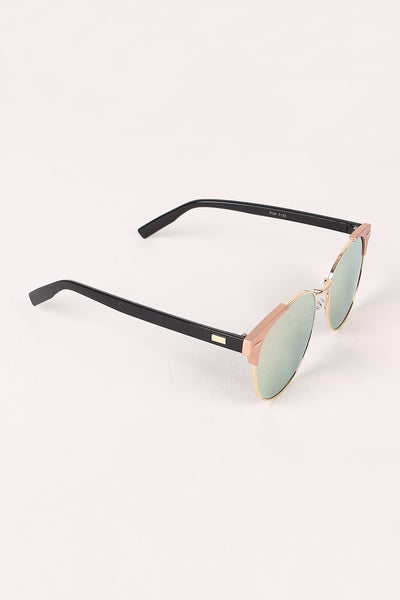Round Mirrored Lens Cat Eye Clubmaster Sunglasses