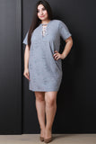Distressed Lace-Up Short Sleeves Shift Dress