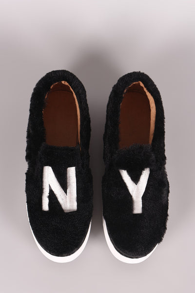 Qupid Faux Fur Embroidered NY Slip-On Sneaker