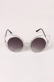 Open Wire Rhinestone Frame Round Cat Eyed Sunglasses