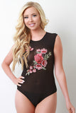 Sheer Mesh Floral Embroidery Bodysuit