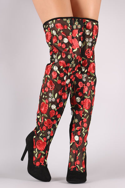 Suede Floral Embroidery Mesh Stiletto Over-The-Knee Boots