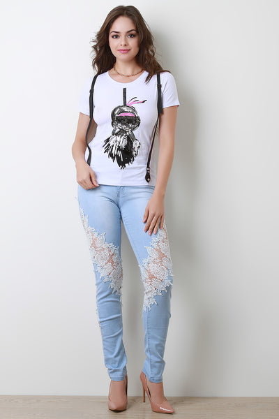 Leafy Embroidered Lace Panel Skinny Denim Jeans
