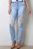 Leafy Embroidered Lace Panel Skinny Denim Jeans