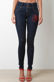 Three Buttons High Waisted Rose Embroidery Jeans
