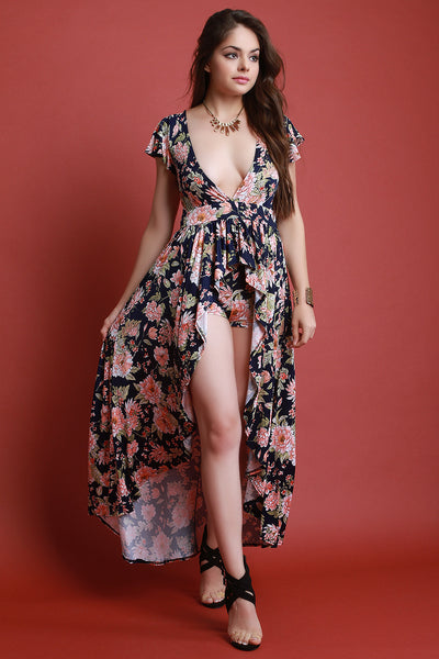 Floral Print V-Neck Ruffle High Low Maxi Top