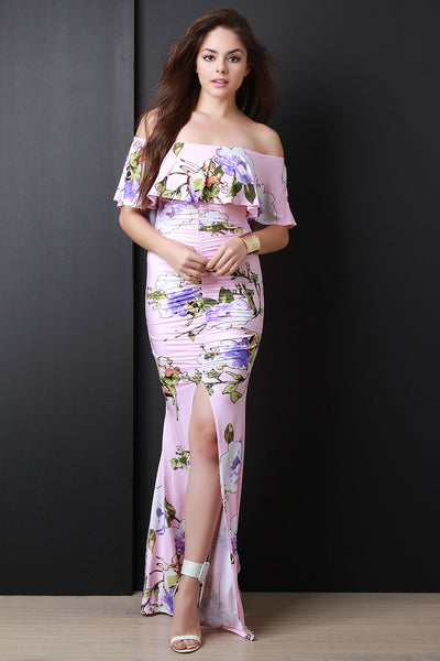 Floral Print Ruffle Bardot Front Slit Maxi Dress