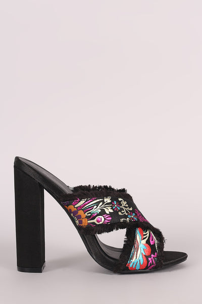 Satin Floral Embroidery Crisscross Mule Chunky Heel