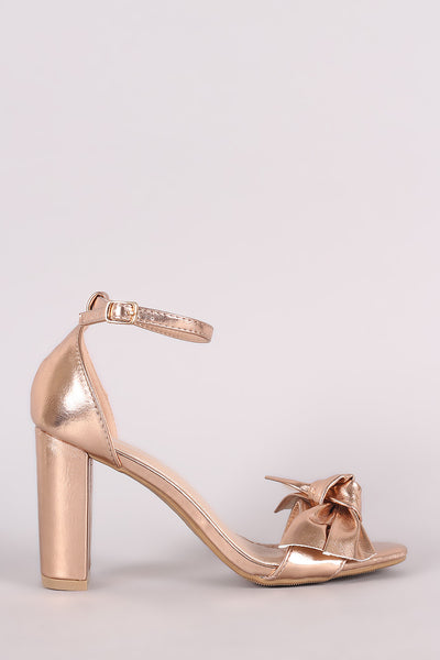 Metallic Knotted Bow Ankle Strap Chunky Heel