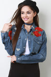 Floral Applique Distressed Chambray Top
