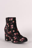 Qupid Floral Print Velvet Blocky Heeled Ankle Boots