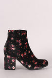 Qupid Floral Print Velvet Blocky Heeled Ankle Boots
