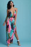 Multi-Color Tropical Plunge Neck Maxi Dress