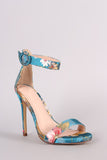 Satin Floral Embroidery Open Toe Ankle Strap Stiletto Heel