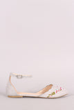 Qupid Embroidered Floral Suede Pointy Toe Ankle Strap Flat