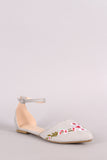 Qupid Embroidered Floral Suede Pointy Toe Ankle Strap Flat
