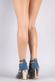 Bamboo Denim Strappy Overlapping Caged Chunky Heel