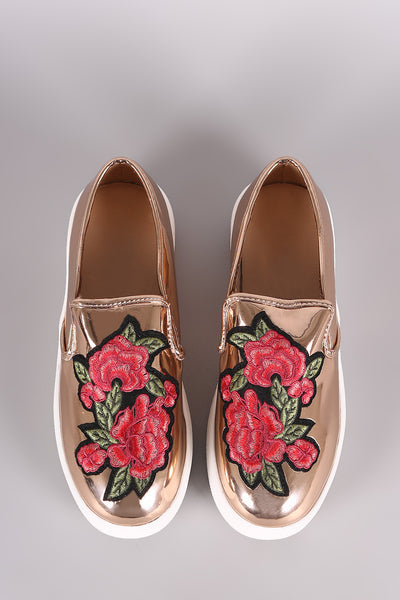 Patent Embroidered Floral Slip On Flatform Sneaker