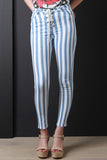Horizontal Stripe Lace-Up Skinny Pants