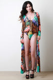 Vibrant Feather Print Floor Swept Cover-Up Cardigan