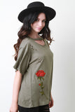Single Embroidered Rose Distress T-Shirt Top