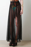 Pleated Mesh Self-Tie Cover Up Maxi Skirt