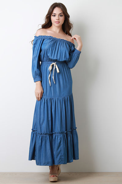 Chambray Off The Shoulder Tiered Maxi Dress