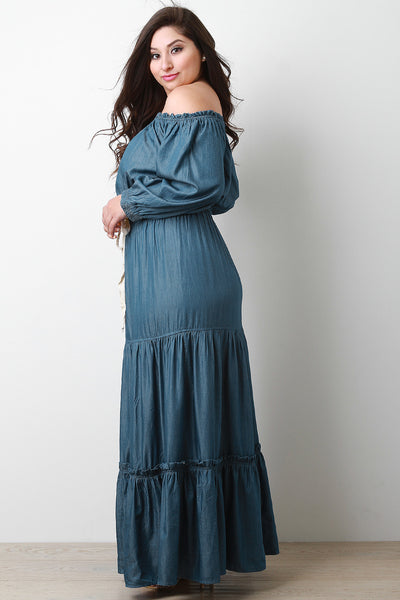 Tiered Off-The-Shoulder Long Sleeves Chambray Maxi Dress