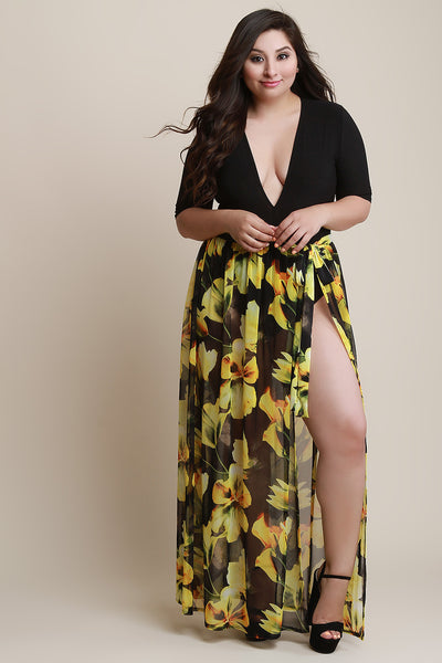Floral Mesh Self-Tie Cover Up Maxi Skirt