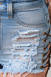 Distressed Lace-Up High Rise Frayed Denim Shorts
